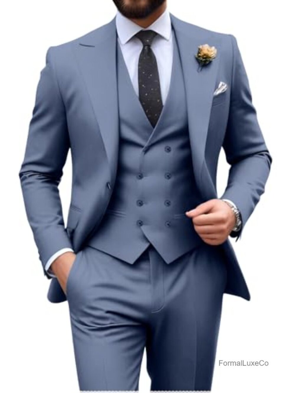 Mens Slim Fit 3 Piece Double Breasted Suit Set Formal Wedding Tuxedo